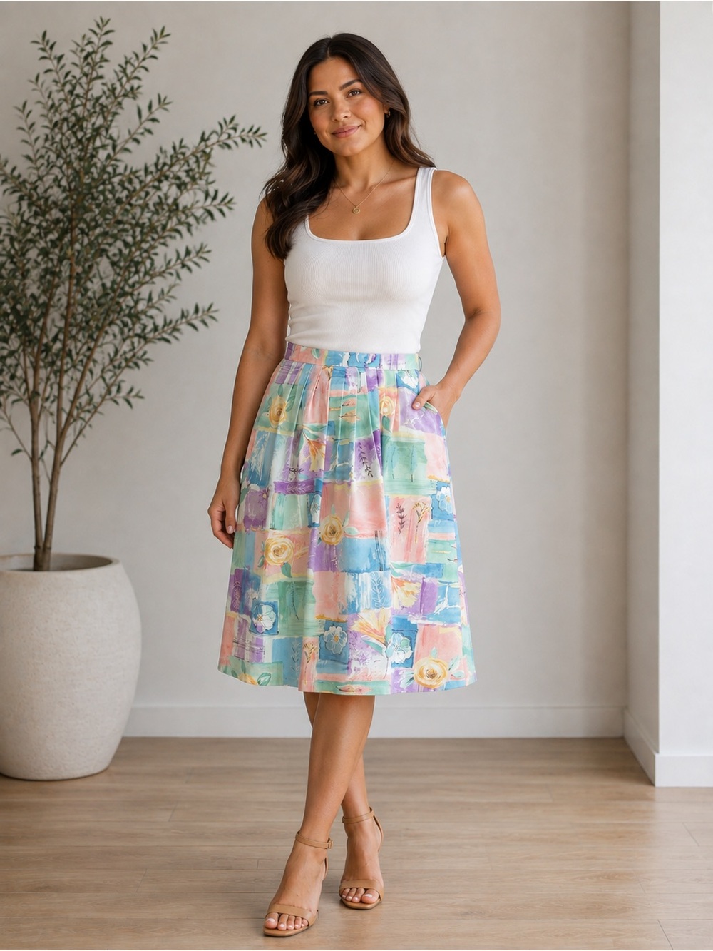 Alfred Dunner Petite 12 Pastel Floral Patchwork A-Line Midi Skirt